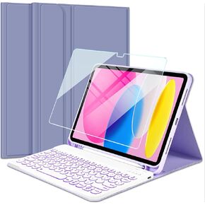 REAL-EAGLE Backlit Keyboard Case for iPad 10th Generation (2022) 10.9 Inch with Screen Protector, 7 Colors Light Wireless Detachable Keyboard with Purple Protective Folio Cover Case in Kuwait