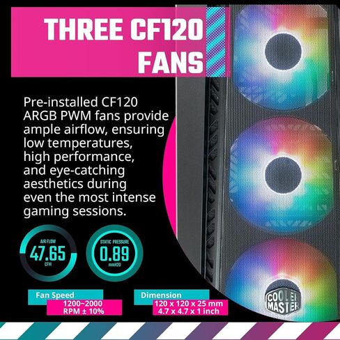 لوحة أمامية من Cooler Master MasterBox 540 ARGB ATX Mid-Tower ARGB Ether، لوحة علوية قابلة للإزالة، لوحة مرآة داكنة أمامية، مداخل جانبية شبكية، زجاج مقسى، تدفق SickleFlow 120 مم PWM ARGB (MB540-KGNN-S00) in Kuwait