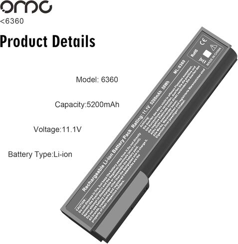 بطارية OMCreate 628666-001 628668-001 متوافقة مع HP EliteBook 8460P 8470P 8560P 8570P؛ HP ProBook 6470B 6570B 6460B 6560B 6360B، يناسب P/N CC06 CC06XL QK642AA [5200 مللي أمبير، 11.1 فولت، 6 خلايا] in Kuwait