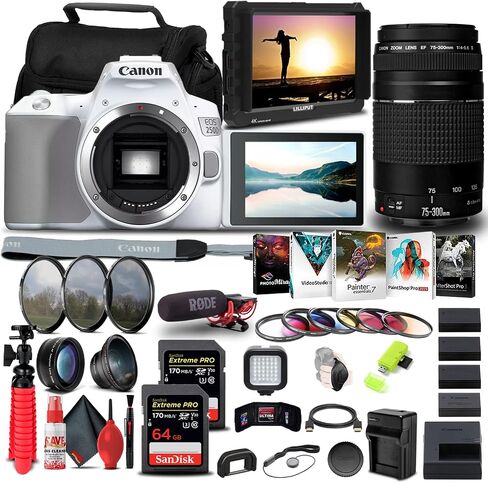 كاميرا Canon EOS 250D / Rebel SL3 DSLR (الهيكل فقط) + عدسة Canon EF 75-300 مم f/4-5.6 III (أبيض) (6473A003) + شاشة 4K + ميكروفون احترافي + بطاقة ذاكرة سعة 2 × 64 جيجابايت + طقم مرشح ألوان + المزيد ( متجدد) in Saudi Arabia