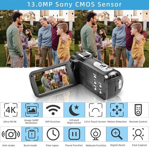 كاميرا فيديو zohulu، كاميرا فيديو بدقة 4K بدقة 56 ميجابكسل مع ميكروفون، وكاميرا رقمية فائقة الدقة مع تكبير رقمي 16X، وكاميرا تسجيل فيديو لليوتيوب مع شاشة IPS، ومسجل فيديو مع رؤية ليلية وبطاريتين in Kuwait