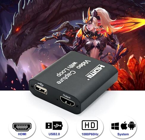 بطاقة التقاط فيديو ULBRE مع حلقة، HDMI إلى USB 2.0 عالية الوضوح 1080p 30 إطارًا في الثانية - سجل على كاميرا الفيديو DSLR أو الكمبيوتر للألعاب أو البث أو التدريس أو مؤتمر الفيديو أو البث المباشر in Kuwait