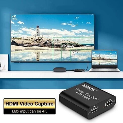 بطاقة التقاط فيديو ULBRE مع حلقة، HDMI إلى USB 2.0 عالية الوضوح 1080p 30 إطارًا في الثانية - سجل على كاميرا الفيديو DSLR أو الكمبيوتر للألعاب أو البث أو التدريس أو مؤتمر الفيديو أو البث المباشر in Kuwait