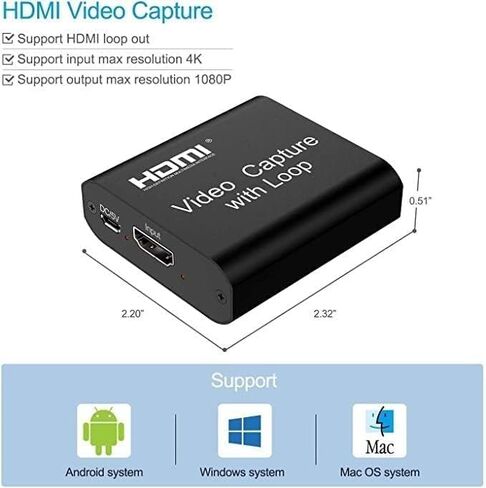 بطاقة التقاط فيديو ULBRE مع حلقة، HDMI إلى USB 2.0 عالية الوضوح 1080p 30 إطارًا في الثانية - سجل على كاميرا الفيديو DSLR أو الكمبيوتر للألعاب أو البث أو التدريس أو مؤتمر الفيديو أو البث المباشر in Kuwait