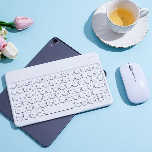 Bluetooth Keyboard and Mouse Combo for iPad - Rechargeable Wireless Keyboard & Mouse Compatible with iPad 9th/8th Gen, iPad Pro/Air/Mini, iPhone14/13/12 Pro, Round Keys White in Kuwait