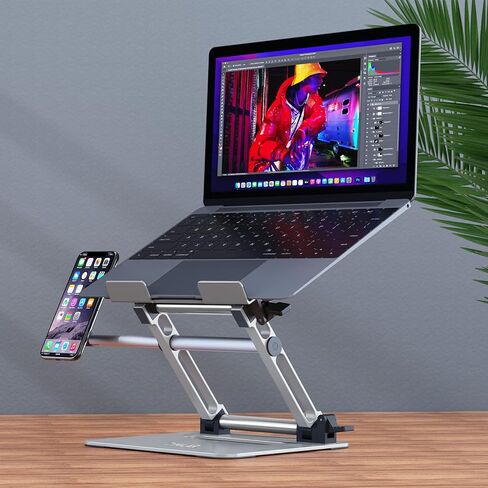 Zimilar Adjustable Laptop Stand, Portable Laptop Riser with Phone Holder Fits Laptops Up to 17 Inches, Foldable Laptop Stand for Desk Holds Up to 19lbs, Aluminum Ergonomic Notebook Stand, Silver in Kuwait