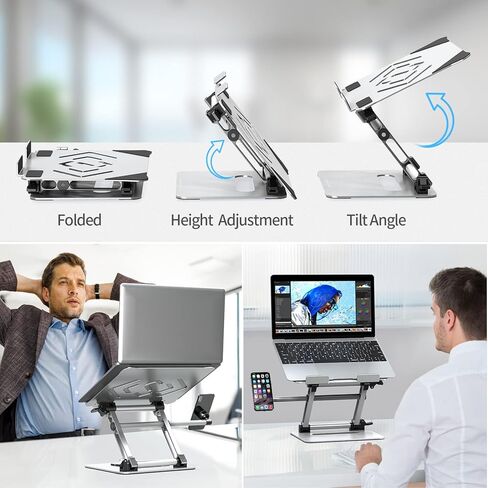 Zimilar Adjustable Laptop Stand, Portable Laptop Riser with Phone Holder Fits Laptops Up to 17 Inches, Foldable Laptop Stand for Desk Holds Up to 19lbs, Aluminum Ergonomic Notebook Stand, Silver in Kuwait