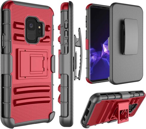 Owilon for Samsung Galaxy S9 Case, Hard PC Anti-Slip Full Body Protection Shockproof Heavy Duty Defender Armor Belt Clip Kickstand Holster Best Case for Samsung Galaxy S9 5.8 Inch (Red) in Saudi Arabia