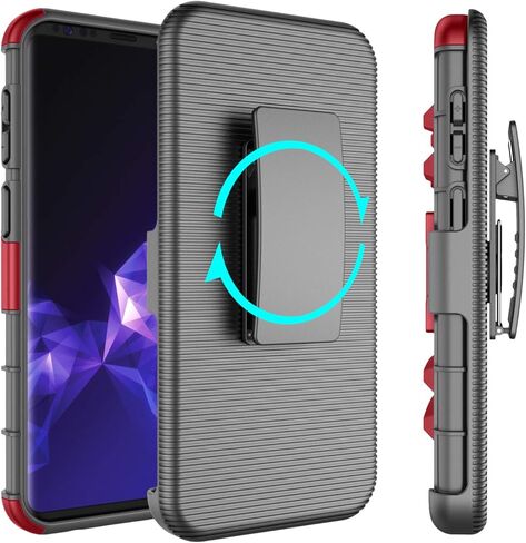 Owilon for Samsung Galaxy S9 Case, Hard PC Anti-Slip Full Body Protection Shockproof Heavy Duty Defender Armor Belt Clip Kickstand Holster Best Case for Samsung Galaxy S9 5.8 Inch (Red) in Saudi Arabia