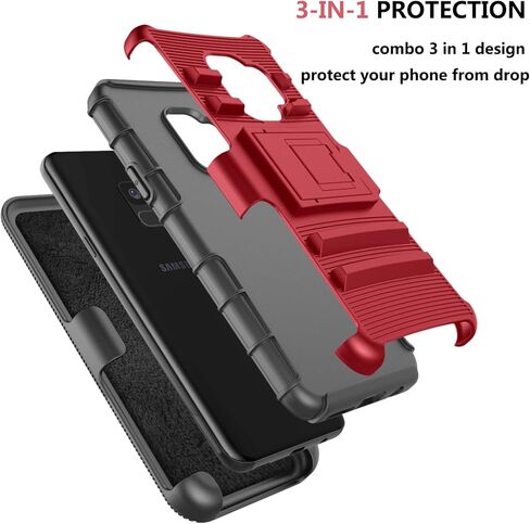Owilon for Samsung Galaxy S9 Case, Hard PC Anti-Slip Full Body Protection Shockproof Heavy Duty Defender Armor Belt Clip Kickstand Holster Best Case for Samsung Galaxy S9 5.8 Inch (Red) in Saudi Arabia
