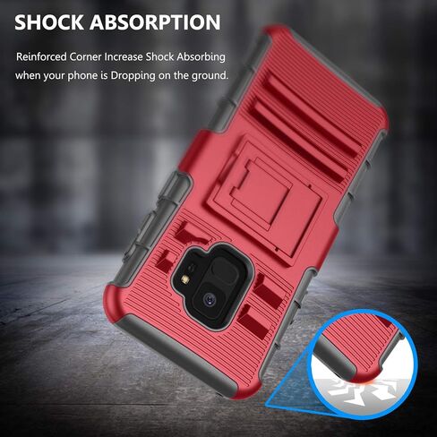 Owilon for Samsung Galaxy S9 Case, Hard PC Anti-Slip Full Body Protection Shockproof Heavy Duty Defender Armor Belt Clip Kickstand Holster Best Case for Samsung Galaxy S9 5.8 Inch (Red) in Saudi Arabia