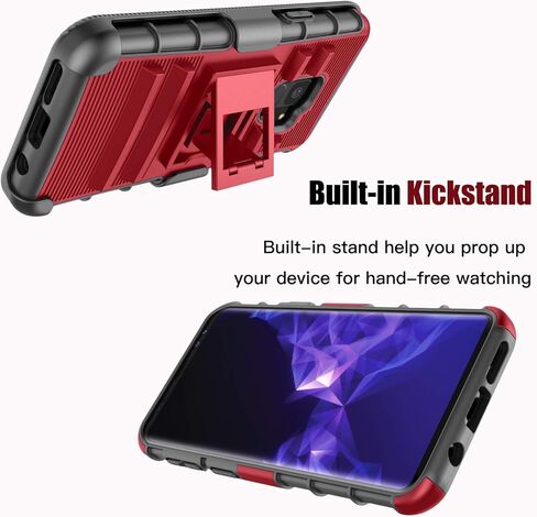 Owilon for Samsung Galaxy S9 Case, Hard PC Anti-Slip Full Body Protection Shockproof Heavy Duty Defender Armor Belt Clip Kickstand Holster Best Case for Samsung Galaxy S9 5.8 Inch (Red) in Saudi Arabia