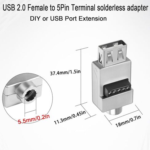 QIANRENON USB2.0 Solderless Adapter Metal Case USB 2.0 Male to 5Pin Terminal Block Data Connector 480Mbps USB Screw Terminal Breakout Board Plug 5V/2A Charging, for USB Repair or DIY in Saudi Arabia