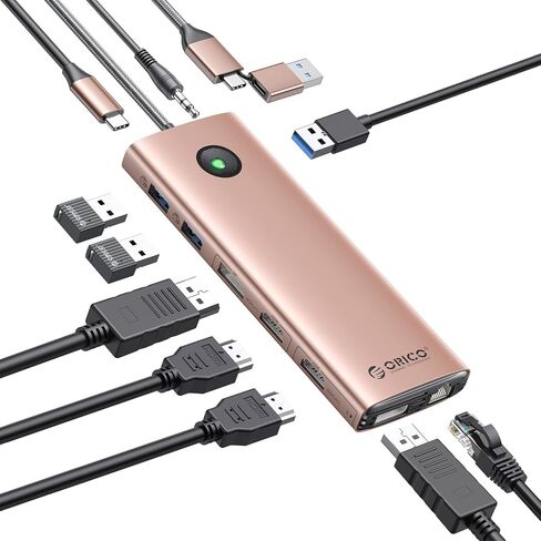 محطة إرساء ORICO ثلاثية العرض DisplayLink لأجهزة الكمبيوتر المحمولة MacBook M1/M2/M3 وأجهزة الكمبيوتر المحمولة التي تعمل بنظام Windows، 2 HDMI 2K@60 هرتز، VGA 1080P@60 هرتز، محول USB-C 5V 3A، 3 USB-A، إيثرنت، SD/TF، ​​صوت in Saudi Arabia