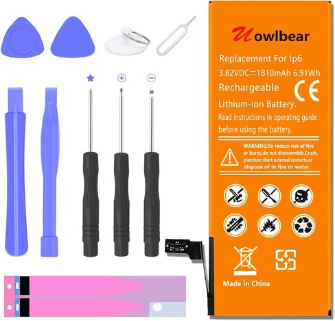 بطارية بديلة من uowlbear لهاتف iPhone 6 مع مجموعات بديلة كاملة، مجموعتين من الأشرطة اللاصقة - سعة عالية 0 دورة in Kuwait