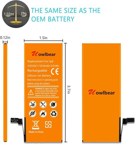 بطارية بديلة من uowlbear لهاتف iPhone 6 مع مجموعات بديلة كاملة، مجموعتين من الأشرطة اللاصقة - سعة عالية 0 دورة in Kuwait