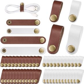 52 Pieces PU Leather Cable Straps, Earbud Cord Organizer, PU Leather Handmade Portable USB Cord Holder, Earphone Cable Tie Cable Management, for Travel, Home, School, Office (Black, Brown) in Saudi Arabia
