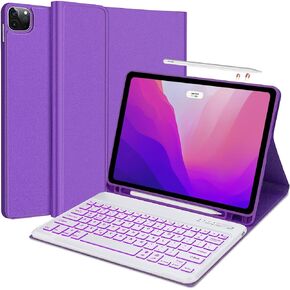 فاريودي كيبورد لجهاز ايباد برو 12.9 (الجيل السادس 2022)، كيبورد لاسلكي قابل للفصل باضاءة خلفية لجهاز برو 12.9 الجيل الخامس 2021، غطاء تابلت ذكي قابل للطي مع حامل قلم، ارجواني in Kuwait