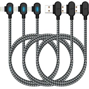 كابل شاحن iPhone Exeric، 3 حزم كابل إضاءة بزاوية يمنى LED 90 درجة سلك شحن مجدول من النايلون للألعاب شحن/مزامنة USB متوافق مع iPhone13/12/11/XR/X/8 8Plus/7/7 Plus/6(10FT) in Kuwait