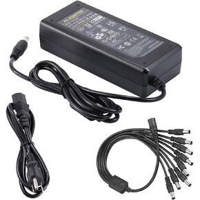 COOLM 60W AC DC 12V 5A Power Supply Adapter 5.5X2.5mm 60W Charger with 8-Way 8 Way Power Splitter Cable for CCTV Camera LED Strip Light