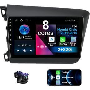 8 Core Car Radio for Honda Civic 2012-2015 Android 12 with Wireless CarPlay Android Auto, 9 inch 1280X720 IPS Touchscreen Bluetooth Car Stereo Player with Backup Camera, AM/FM/RDS,DSP, AUX, Hi-Fi, SWC