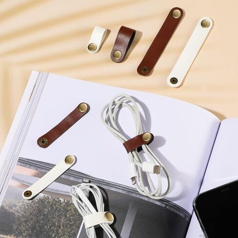 52 Pieces PU Leather Cable Straps, Earbud Cord Organizer, PU Leather Handmade Portable USB Cord Holder, Earphone Cable Tie Cable Management, for Travel, Home, School, Office (Black, Brown) in Saudi Arabia