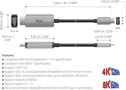 Club 3D USB Gen2 Type-C إلى HDMI 8K60 هرتز أو 4K120 هرتز HDR10+ مع DSC1.2 (كابل M/M 3m / 9.84ft) in Saudi Arabia