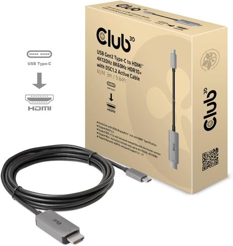 Club 3D USB Gen2 Type-C إلى HDMI 8K60 هرتز أو 4K120 هرتز HDR10+ مع DSC1.2 (كابل M/M 3m / 9.84ft) in Saudi Arabia