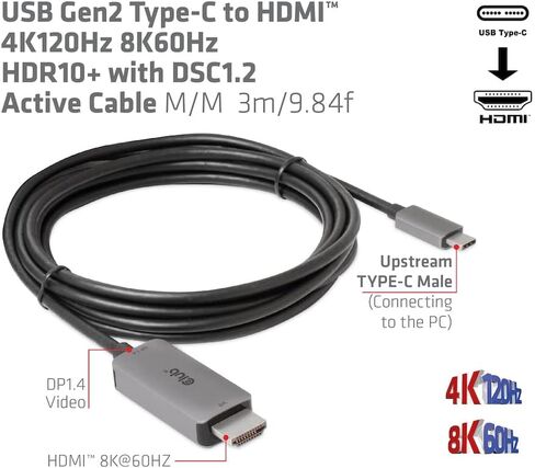 Club 3D USB Gen2 Type-C إلى HDMI 8K60 هرتز أو 4K120 هرتز HDR10+ مع DSC1.2 (كابل M/M 3m / 9.84ft) in Saudi Arabia