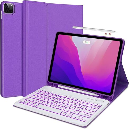 فاريودي كيبورد لجهاز ايباد برو 12.9 (الجيل السادس 2022)، كيبورد لاسلكي قابل للفصل باضاءة خلفية لجهاز برو 12.9 الجيل الخامس 2021، غطاء تابلت ذكي قابل للطي مع حامل قلم، ارجواني in Kuwait