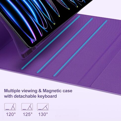 فاريودي كيبورد لجهاز ايباد برو 12.9 (الجيل السادس 2022)، كيبورد لاسلكي قابل للفصل باضاءة خلفية لجهاز برو 12.9 الجيل الخامس 2021، غطاء تابلت ذكي قابل للطي مع حامل قلم، ارجواني in Kuwait
