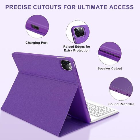 فاريودي كيبورد لجهاز ايباد برو 12.9 (الجيل السادس 2022)، كيبورد لاسلكي قابل للفصل باضاءة خلفية لجهاز برو 12.9 الجيل الخامس 2021، غطاء تابلت ذكي قابل للطي مع حامل قلم، ارجواني in Kuwait