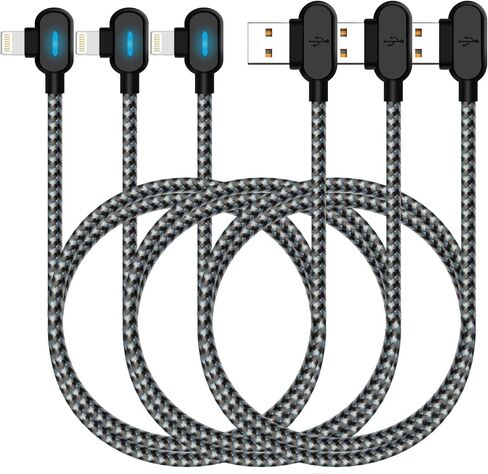 كابل شاحن iPhone Exeric، 3 حزم كابل إضاءة بزاوية يمنى LED 90 درجة سلك شحن مجدول من النايلون للألعاب شحن/مزامنة USB متوافق مع iPhone13/12/11/XR/X/8 8Plus/7/7 Plus/6(10FT) in Kuwait