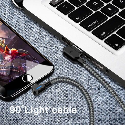 كابل شاحن iPhone Exeric، 3 حزم كابل إضاءة بزاوية يمنى LED 90 درجة سلك شحن مجدول من النايلون للألعاب شحن/مزامنة USB متوافق مع iPhone13/12/11/XR/X/8 8Plus/7/7 Plus/6(10FT) in Kuwait