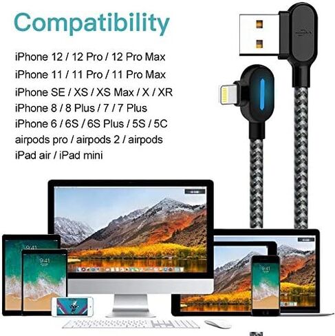 كابل شاحن iPhone Exeric، 3 حزم كابل إضاءة بزاوية يمنى LED 90 درجة سلك شحن مجدول من النايلون للألعاب شحن/مزامنة USB متوافق مع iPhone13/12/11/XR/X/8 8Plus/7/7 Plus/6(10FT) in Kuwait