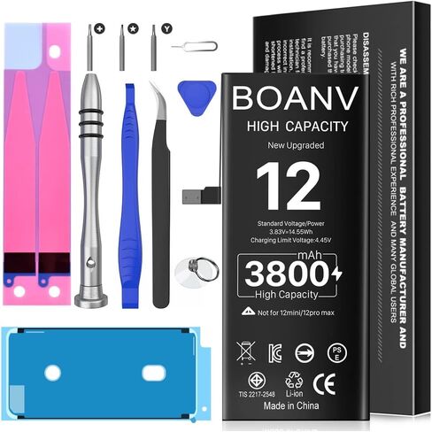 بطارية BOANV [3800 مللي أمبير] لهاتف iPhone 12 (الإصدار الجديد)، استبدال بطارية iPhone 12 ذات سعة عالية للغاية دورة 0 جديدة مع مجموعات أدوات بديلة احترافية للطراز A2172 A2402 A2403 A2404 in Kuwait