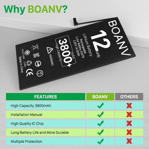 بطارية BOANV [3800 مللي أمبير] لهاتف iPhone 12 (الإصدار الجديد)، استبدال بطارية iPhone 12 ذات سعة عالية للغاية دورة 0 جديدة مع مجموعات أدوات بديلة احترافية للطراز A2172 A2402 A2403 A2404 in Kuwait
