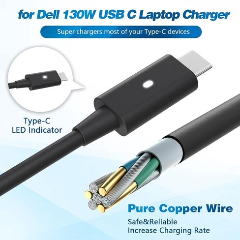 شاحن USB C 130 واط لشاحن الكمبيوتر المحمول Dell 130 واط USB C - شاحن Dell XPS 15، محول تيار متردد USB-C 130 واط من Dell، XPS 17 9575 9700 Precision 5560 5550 5750 Latitude 7310 7210 9410 9510 مع سلك طاقة بطول 1 متر in Kuwait