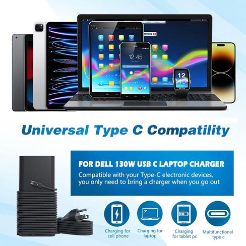 شاحن USB C 130 واط لشاحن الكمبيوتر المحمول Dell 130 واط USB C - شاحن Dell XPS 15، محول تيار متردد USB-C 130 واط من Dell، XPS 17 9575 9700 Precision 5560 5550 5750 Latitude 7310 7210 9410 9510 مع سلك طاقة بطول 1 متر in Kuwait