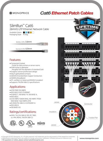 كابل مونوبرايس كات6 إيثرنت - 2 قدم - أخضر | Snagless RJ45 مجدولة 550 ميجا هرتز UTP CMR Riser سلك نحاسي نقي عاري 28AWG - سلسلة SlimRun (حزمة من 2) in Kuwait