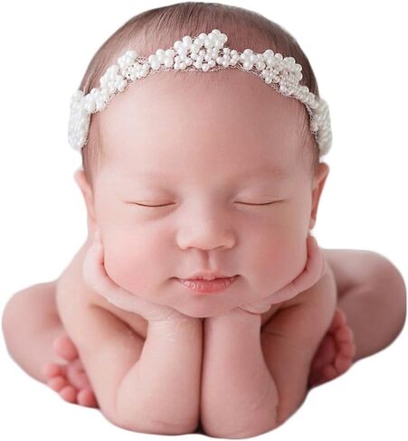 Zeroest Newborn Photography Props Girl Pearl Headband Newborn Baby Girl Photoshoot Faux Pearl Tieback Photo Newborn Headbands (White) in Saudi Arabia