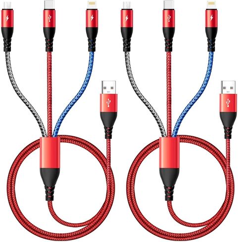 3 قطع من كيبل USB ميجر 2 في 1 متعدد 2.4 امبير، 6.5 قدم/2 متر لايتنينج ومايكرو USB مغطى بالنايلون سلك شحن ومزامنة متوافق مع ايفون وايباد وايبود وسامسونج in Kuwait