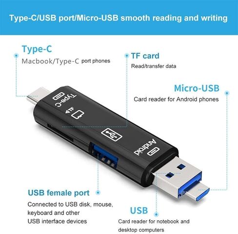 محول قارئ بطاقات مايكرو اس دي 5 في 1 نوع سي مايكرو يو اس بي قارئ بطاقة SD متوافق مع ماك بوك لاب توب يو اس بي 3.0 اس دي/ تي اف او تي جي قارئ بطاقات in Kuwait