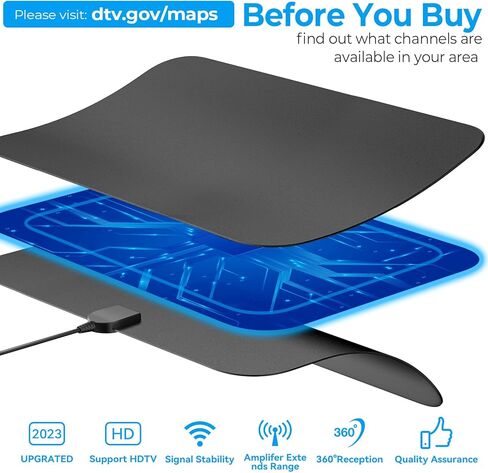 هوائي تلفزيون رقمي مطور لعام 2023 يصل إلى نطاق 450 ميل، هوائي داخلي مضخم عالي الدقة يدعم استقبال منطقة كبيرة جدًا 4K 1080p 720p جميع أجهزة التلفزيون القديمة، معزز الإشارة الذكية/كابل محوري سميك in Kuwait