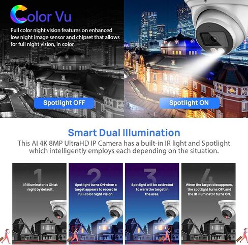 كاميرا برجية 4K 8MP IP POE للأماكن الخارجية، رؤية ليلية ذكية ذات لون فاتح مزدوج، اكتشاف الإنسان/المركبة، سلك التعثر/التسلل، الردع النشط، ميكروفون مدمج، SD (256 جيجابايت)، مراقبة مجال الرؤية 132 درجة in Kuwait
