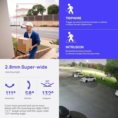 كاميرا برجية 4K 8MP IP POE للأماكن الخارجية، رؤية ليلية ذكية ذات لون فاتح مزدوج، اكتشاف الإنسان/المركبة، سلك التعثر/التسلل، الردع النشط، ميكروفون مدمج، SD (256 جيجابايت)، مراقبة مجال الرؤية 132 درجة in Kuwait