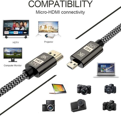 كابل HDMI ميكرو من تشينيانغ CY، كابل Micro HDMI ذكر إلى HDMI 2.1 ذكر فائق الدقة UHD 8K 60hz 4K 120hz 48Gbs كابل 1.5 متر in Kuwait