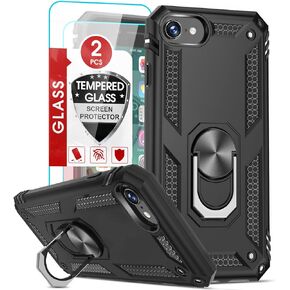 LeYi for iPhone SE Case 2022, iPhone SE 3rd Generation Case with [2Pack] Tempered Glass Screen Protector, [Military-Grade] Cover with Magnetic Ring Kickstand for iPhone SE 2022/2020, Black