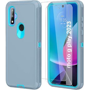Qinmay for Moto G Play 2023 Case with HD Screen Protector (2 Packs),Motorola Moto G Play 2023 Phone Case 3 in 1 Heavy Duty Armor Shockproof Phone Case for Motorola Moto G Play 2023 (WineRed Pink)