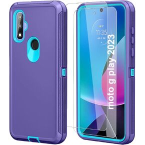 Qinmay for Moto G Play 2023 Case with HD Screen Protector (2 Packs),Motorola Moto G Play 2023 Phone Case 3 in 1 Heavy Duty Armor Shockproof Phone Case for Motorola Moto G Play 2023 (WineRed Pink)